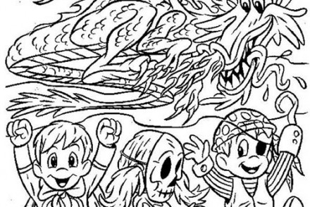 Coloriages-Enfants-deguises-pour-Halloween-Les-enfants-et-le-dragon.jpg