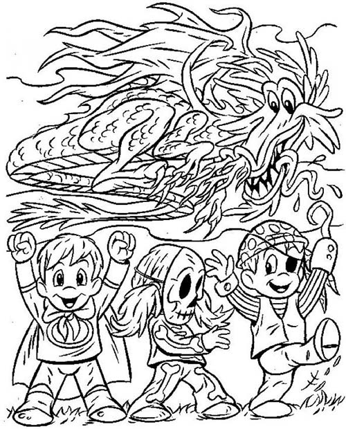 Coloriages-Enfants-deguises-pour-Halloween-Les-enfants-et-le-dragon.jpg