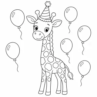 Coloriage Girafe en fête avec ballons à imprimer