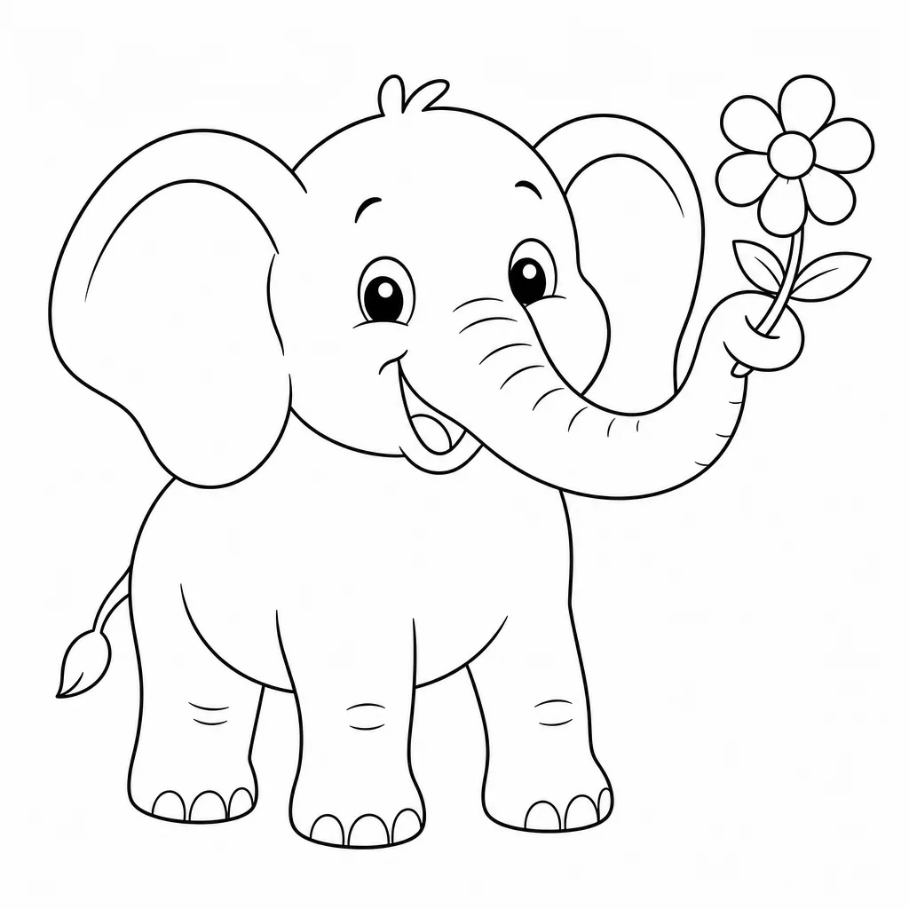 Coloriage Éléphant joyeux avec fleur à imprimer