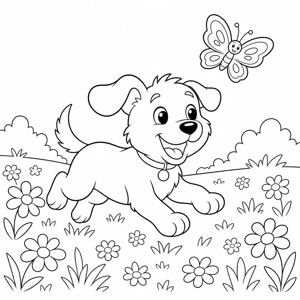 Coloriage Petit chien dans le champ à imprimer